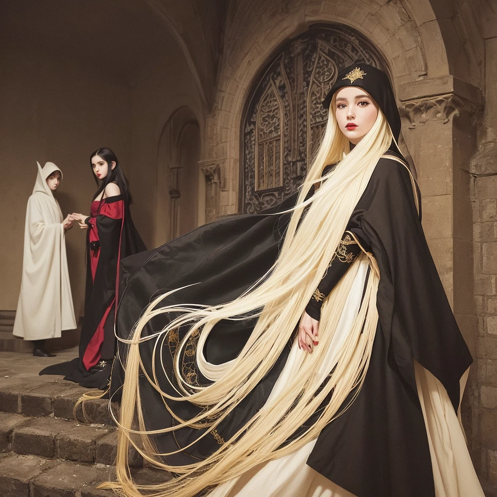 A black-haired girl with white skin, big red lips, a black cloak with golden embroidery, and an elf man with long golden hair, a black robe up to his knees, who is leaning against the castle wall and looking at the girl from behind, and the air is dark.