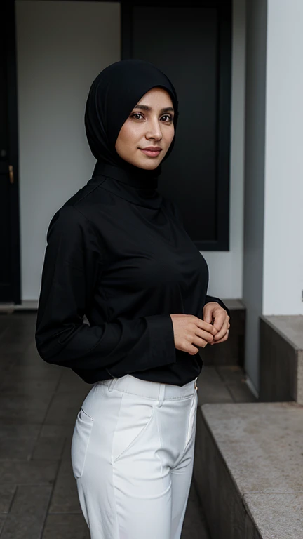 woman,((30 years old)), black hijab, black shirt, beautiful face, white skin, soft smile, long pants