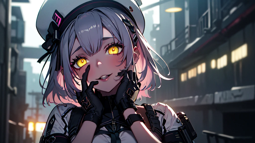 ((Best quality)), ((masterpiece)), (detailed:1.4), 3D, an image of a beautiful cyberpunk female, Yandere , Yandere Face , Trance , Trance Eyes , yameroyandere , constricted pupils , yandere , empty eyes . shaded face , crazy eyes , glowing yellow eyes , crazy smile , neonfx, neon_valorant, 1girl, solo, looking at viewer, yellow eyes,long silver pink  hair, shoulder length hair , white barret hat , gloves, navel, bare midriff,  multicolored hair, parted lips, black gloves, belt, pants, hand on hip, floating hair, bandaid, bandaid on face, electricity, animification, bandaid on nose, large breasts, HDR (High Dynamic Range),Ray Tracing,NVIDIA RTX,Super-Resolution,Unreal 5,Subsurface scattering,PBR Texturing,Post-processing,Anisotropic Filtering,Depth-of-field,Maximum clarity and sharpness,Multi-layered textures,Albedo and Specular maps,Surface shading,Accurate simulation of light-material interaction,Perfect proportions,Octane Render,Two-tone lighting,Wide aperture,Low ISO,White balance,Rule of thirds,8K RAW,