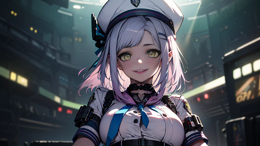 ((Best quality)), ((masterpiece)), (detailed:1.4), 3D, an image of a beautiful cyberpunk female, Yandere , Yandere Face , Trance , Trance Eyes , yameroyandere , constricted pupils , yandere , empty eyes . shaded face , crazy eyes , glowing yellow eyes , crazy smile , neonfx, neon_valorant, 1girl, solo, looking at viewer, yellow eyes,long silver pink  hair, shoulder length hair , white barret hat , gloves, navel, bare midriff,  multicolored hair, parted lips, black gloves, belt, pants, hand on hip, floating hair, bandaid, bandaid on face, electricity, animification, bandaid on nose, large breasts, HDR (High Dynamic Range),Ray Tracing,NVIDIA RTX,Super-Resolution,Unreal 5,Subsurface scattering,PBR Texturing,Post-processing,Anisotropic Filtering,Depth-of-field,Maximum clarity and sharpness,Multi-layered textures,Albedo and Specular maps,Surface shading,Accurate simulation of light-material interaction,Perfect proportions,Octane Render,Two-tone lighting,Wide aperture,Low ISO,White balance,Rule of thirds,8K RAW,