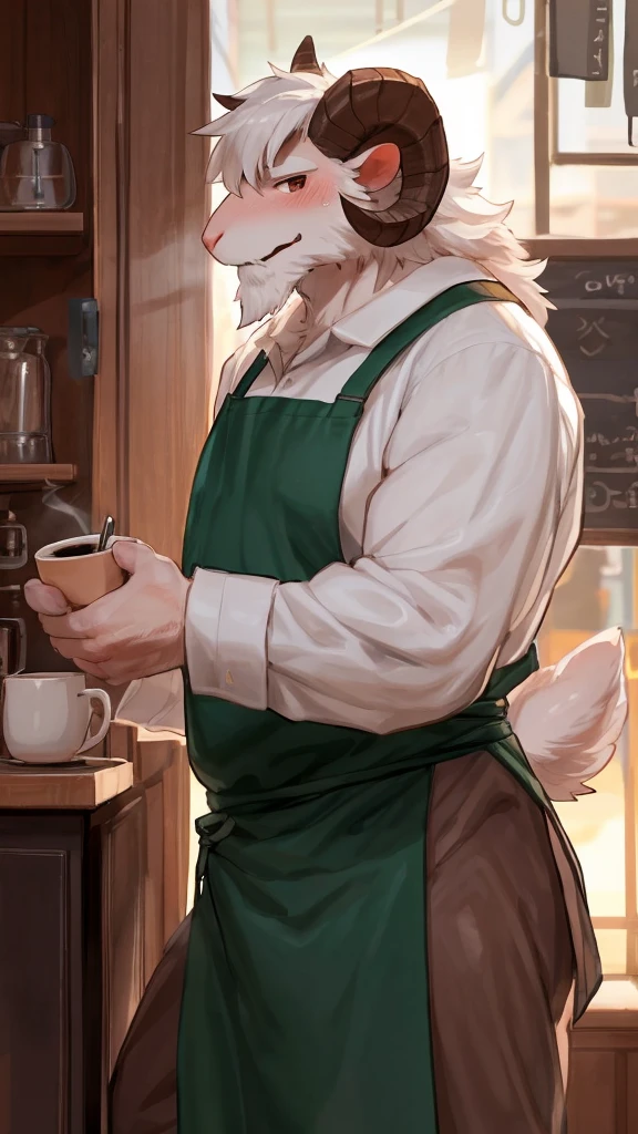 (Best quality: 1.0), (Super High Resolution: 1.0), (masterpiece, best quality:1.2), detailed, detailed hands, detailed eyes, score_9, score_8_up, score_7_up, furry, anthro, ((ram)), ((solo)), grandpa, (about 70 years old), (manly), curved horns, handsome face, huge, bangs, white beard, beard above mouth, fluffly fur, nipples, looking pleasured, sexually, sexy pose, SFW, coffee shop, apron, flaccid, in heat, panting, sweat, sweaty, musk, (skinny, shy), hands touching, saliva, saliva string, (looking at viewer, shy), blushes:0.3, close up view, side view, (by bebebebebe, by syuro)