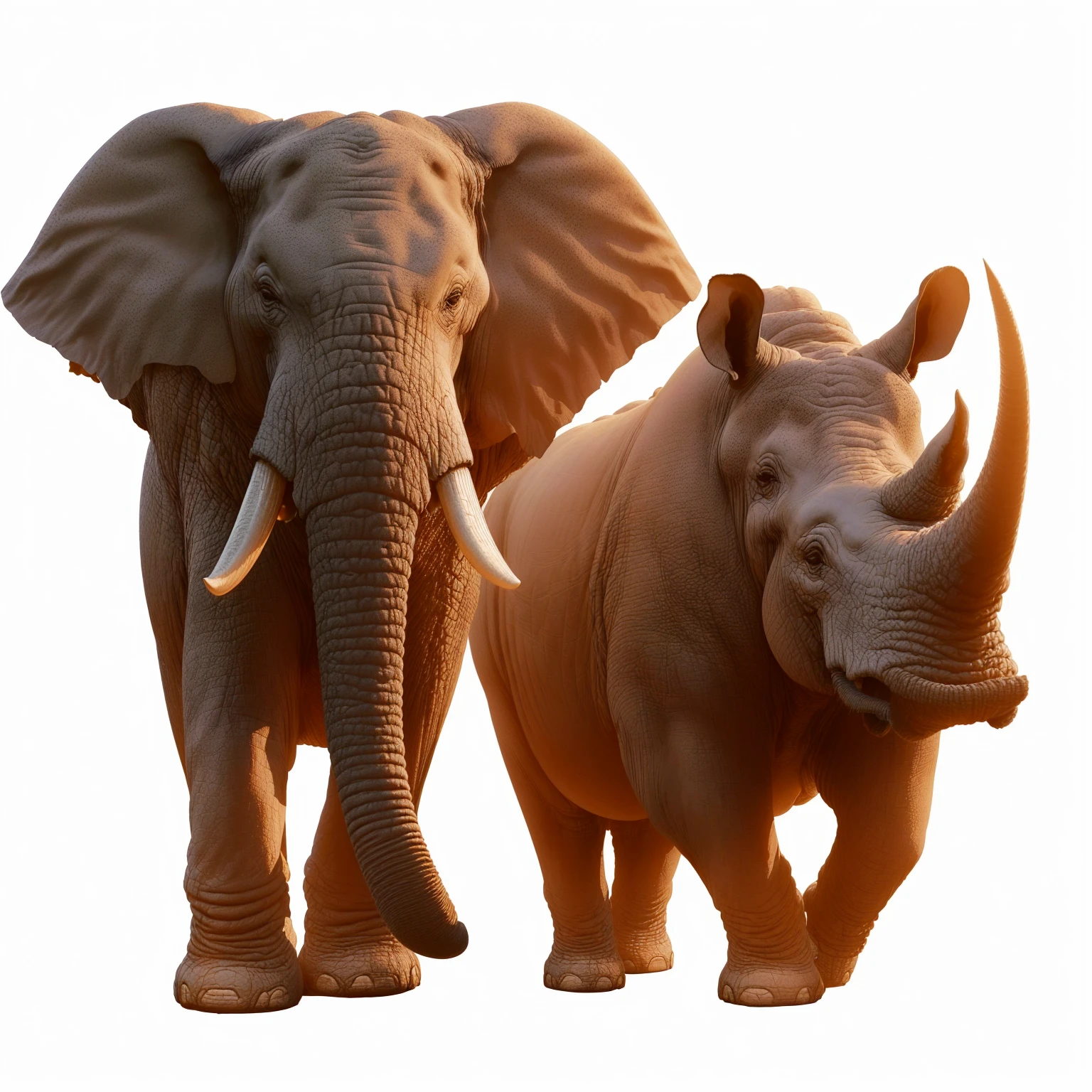 elephants are standing next to each other on a white background, rhino rendered, rhinoceros 3d, rino, african elephants in the jungle, tusks, elephants, rhino, extremely realistic, depicted as a 3 d render, very very realistic, highly rendered, by Harold von Schmidt, very very very realistic, incredibly realistic, by Tom Wänerstrand