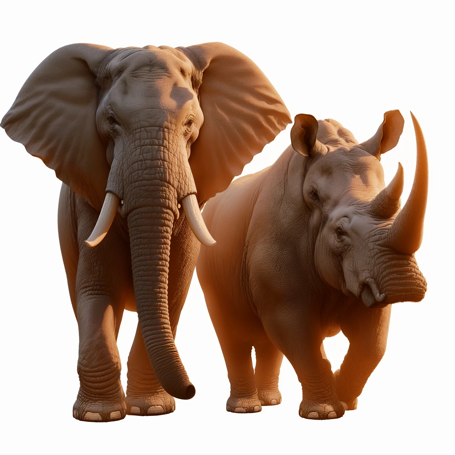 elephants are standing next to each other on a white background, rhino rendered, rhinoceros 3d, rino, african elephants in the jungle, tusks, elephants, rhino, extremely realistic, depicted as a 3 d render, very very realistic, highly rendered, by Harold von Schmidt, very very very realistic, incredibly realistic, by Tom Wänerstrand