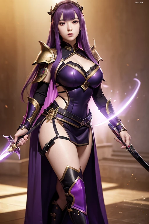 Nohime,Female generals,Holding a dagger,Purple Hair,Wearing black armor,Wearing a red dress,Her breasts are slightly visible,Armor on the feet