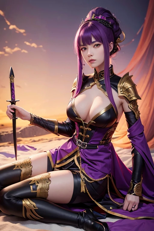 Nohime，Female generals，Holding a dagger，Purple Hair，Wearing black armor，Wearing a red dress，Her breasts are slightly visible，Armor on the feet