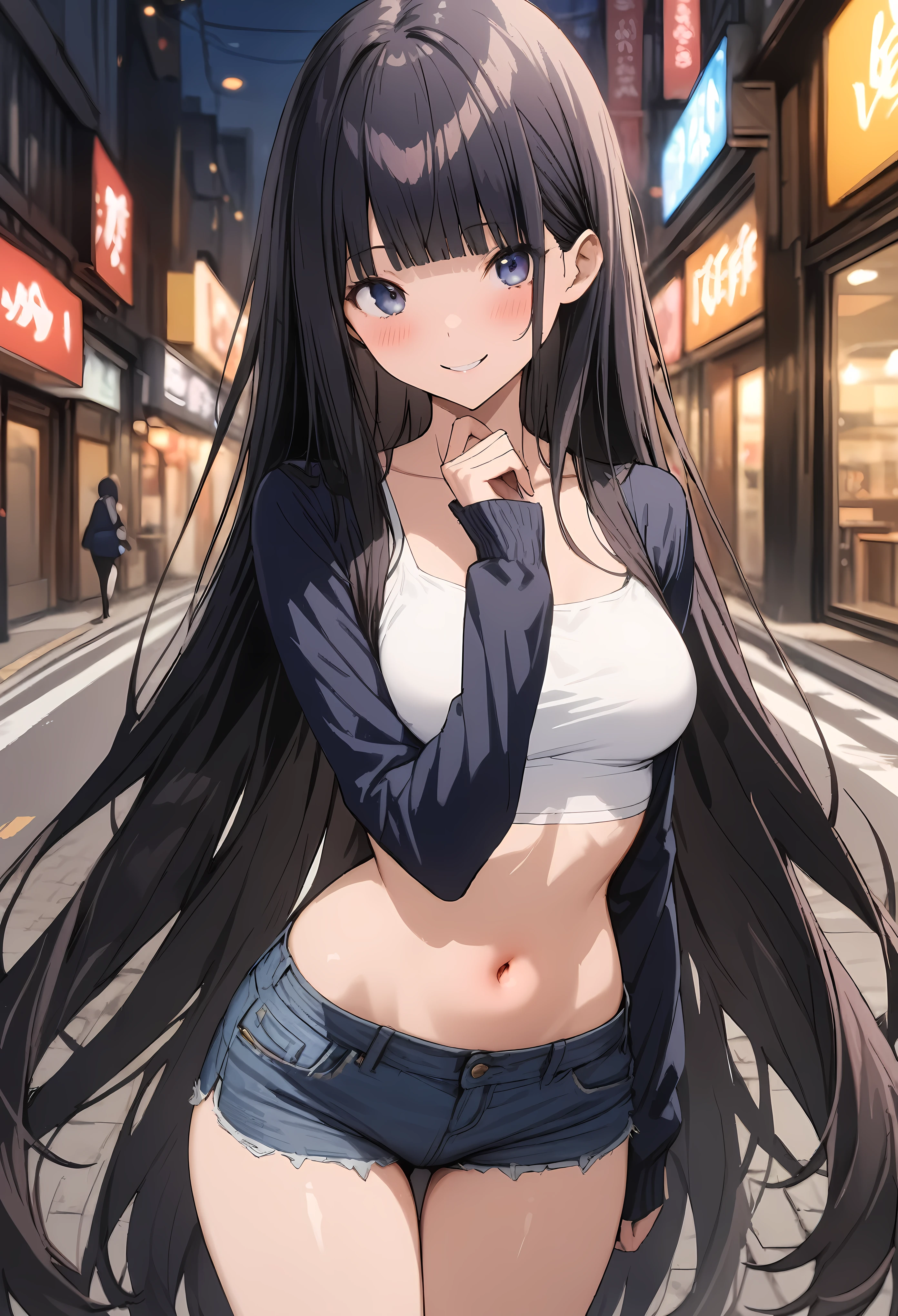 (((masterpiece, highest quality:1.3,absurdres))),25 year old beauty,solo,((very small head:1.2)),long hair,bangs,dark blue hair,dark blue eyes,gorgeous eyes,blush,smile,medium breasts,((very long body:1.2)),((toned body,slender body)),skinny,gleaming skin,shiny skin,((Denim hot pants)),((dark blue cardigan、White tube top,navel)),on street,Tokyo、