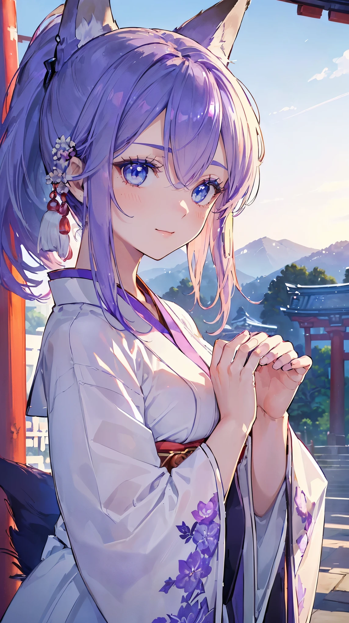 (((Masterpiece))), (((Highest quality))), ((Ultra-detailed)), ((Super fine illustration)), ((Ultra-fine painting)), (16K highest quality wallpaper:1.4), (Upper body:1.6), (From front:1.4), HDR, (Highly detailed and delicate illustration style:1.8), Detailed skin texture, Detailed cloth texture, Extreme detailed description, (T-masterpiece), (Highly detailed face:1.4), (Highly detailed purple fox ears:1.4), (Highly detailed beautiful and shiny purple low-ponytail:1.4), (Highly detailed beautiful and clear blue eyes:1.4), Original, RAW photo, Professional, Intricate details, Super details, Direct light:1.6, (Perfect anatomy:1.4), (Highly detailed hands:1.2), (Highly detailed fingers:1.2), (Highly detailed fingertips:1.2), (27-years-old), Real, (Solo:1.6), ((A very beautiful and attractive purple (fox:1.4) female fashion model who is a messenger of God and a traditional Japanese sacred shrine maiden:1.4))
BRAKE
(Beautiful and adorable purple fox ears:1.6), (Highly detailed and delicate purple fox ears:1.4), (Beautiful and well-shaped big breasts:1.2), (Beautiful and well-shaped buttocks), (Beautiful and shiny purple low-ponytail:1.6), (Highly detailed and delicate purple low-ponytail:1.2), (Beautiful clear blue eyes that shine with great detail:1.6), (Highly detailed and delicate blue eyes:1.2), (Highly detailed face:1.4), (Smile:1.5), (Blush:1.3), (Looking at viewer:1.4), (Celebration:1.4)
BRAKE
((Brightly white and purple colored) and divine traditional shrine maiden costumes at Japanese shrines:1.4), (Japanese divine traditional costume:1.2) BRAKE
((Highly beautiful and detailed Ise Grand Shrine in Mie Prefecture just after noon in the background:1.6), Ise Grand Shrine:1.2, Highly beautiful in the sunny sky background just after noon:1.2)
BRAKE