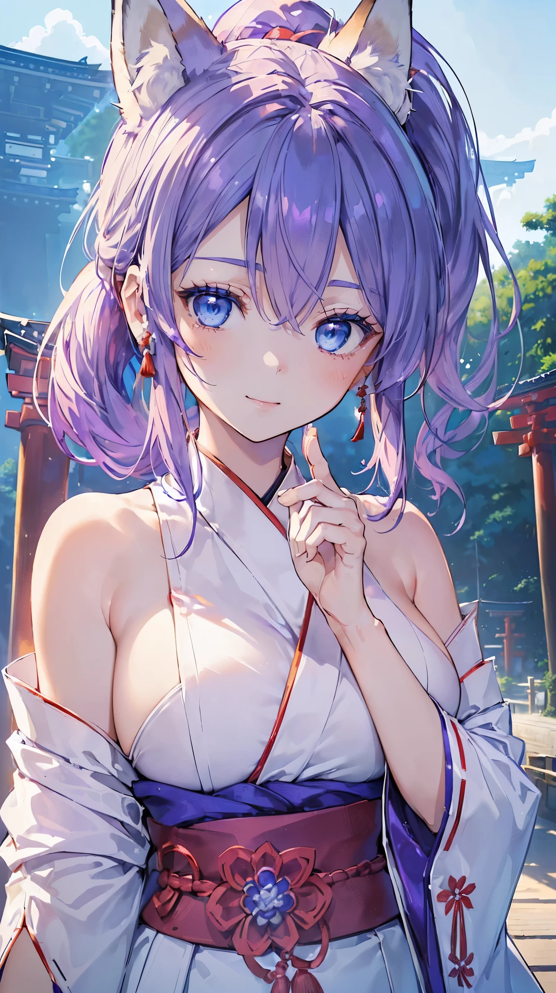 (((Masterpiece))), (((Highest quality))), ((Ultra-detailed)), ((Super fine illustration)), ((Ultra-fine painting)), (16K highest quality wallpaper:1.4), (Upper body:1.6), (From front:1.4), HDR, (Highly detailed and delicate illustration style:1.8), Detailed skin texture, Detailed cloth texture, Extreme detailed description, (T-masterpiece), (Highly detailed face:1.4), (Highly detailed purple fox ears:1.4), (Highly detailed beautiful and shiny purple low-ponytail:1.4), (Highly detailed beautiful and clear blue eyes:1.4), Original, RAW photo, Professional, Intricate details, Super details, Direct light:1.6, (Perfect anatomy:1.4), (Highly detailed hands:1.2), (Highly detailed fingers:1.2), (Highly detailed fingertips:1.2), (27-years-old), Real, (Solo:1.6), ((A very beautiful and attractive purple (fox:1.4) female fashion model who is a messenger of God and a traditional Japanese sacred shrine maiden:1.4))
BRAKE
(Beautiful and adorable purple fox ears:1.6), (Highly detailed and delicate purple fox ears:1.4), (Beautiful and well-shaped big breasts:1.2), (Beautiful and well-shaped buttocks), (Beautiful and shiny purple low-ponytail:1.6), (Highly detailed and delicate purple low-ponytail:1.2), (Beautiful clear blue eyes that shine with great detail:1.6), (Highly detailed and delicate blue eyes:1.2), (Highly detailed face:1.4), (Smile:1.5), (Blush:1.3), (Looking at viewer:1.4), (Celebration:1.4)
BRAKE
((Brightly white and purple colored) and divine traditional shrine maiden costumes at Japanese shrines:1.4), (Japanese divine traditional costume:1.2) BRAKE
((Highly beautiful and detailed Ise Grand Shrine in Mie Prefecture just after noon in the background:1.6), Ise Grand Shrine:1.2, Highly beautiful in the sunny sky background just after noon:1.2)
BRAKE