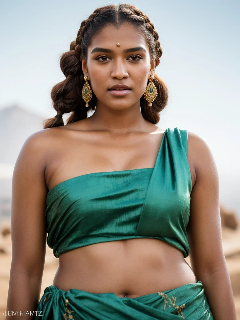 Foto RAW, close up portrait of a 40 year-old gorgeous confident blasian dark-skinned medieval fantasy queen, extremely gorgeous, looks like Kriti Sanon,  oily skin, shining skin, skin pores, almond-shaped eyes, plump lips, gorgeous hazel-colored eyes, long hair, dutch braids, elaborate hairdo, serious look, steadfast expression, slim, body oil, moisturizing oil, tanning oil, oiled body, glowing skin, skin pores, rich regal traditional fantasy north african regal clothes, filigree jewels, in a fantasy north african palace, (backlighting), ancient mysterious Kingdom background, realistic, masterpiece, highest quality, lens flare, shade, bloom, [[chromatic aberration]], by Jeremy Lipking, by Antonio J. Manzanedo, digital painting, (pele altamente detalhada: 1.2), 8k UHD, DSLR, alta qualidade, grain of film, Fujifilm XT3