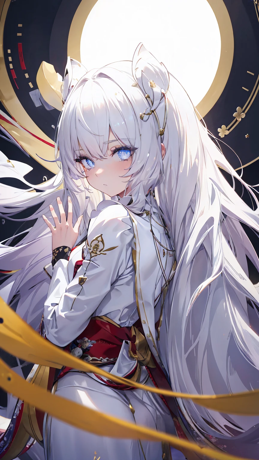 profile background, anime girl, long white hair, eyes yellow, martial arts costume, high-res portrait, vibrant colors, character, fantasy, advanced urban, looking from behind at viewer, high resolution, a good body, blush, (detailed and beautiful eyes:1.6), highly detailed face, (perfect hands, perfect anatomy) high detail skin, high detail hair, ultra detailed, best quality, photorealistic, 1girl, 8k