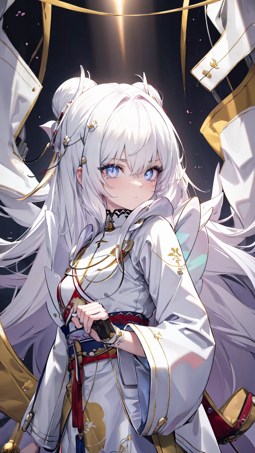 profile background, anime girl, long white hair, eyes yellow, martial arts costume, high-res portrait, vibrant colors, character, fantasy, advanced urban, looking from behind at viewer, high resolution, a good body, blush, (detailed and beautiful eyes:1.6), highly detailed face, (perfect hands, perfect anatomy) high detail skin, high detail hair, ultra detailed, best quality, photorealistic, 1girl, 8k