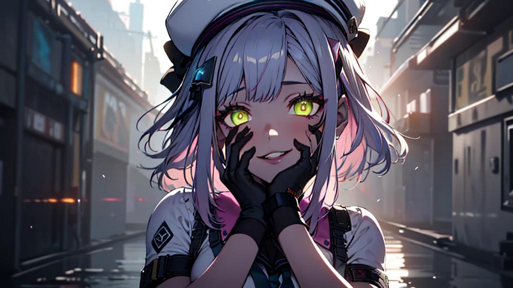 ((Best quality)), ((masterpiece)), (detailed:1.4), 3D, an image of a beautiful cyberpunk female, Yandere , Yandere Face , Trance , Trance Eyes , yameroyandere , constricted pupils , yandere , empty eyes . shaded face , crazy eyes , glowing yellow eyes , crazy smile , neonfx, neon_valorant, 1girl, solo, looking at viewer, yellow eyes,long silver pink hair, shoulder length hair , white barret hat , gloves, navel, bare midriff, multicolored hair, parted lips, black gloves, belt, pants, hand on hip, floating hair, bandaid, bandaid on face, electricity, animification, bandaid on nose, large breasts, HDR (High Dynamic Range),Ray Tracing,NVIDIA RTX,Super-Resolution,Unreal 5,Subsurface scattering,PBR Texturing,Post-processing,Anisotropic Filtering,Depth-of-field,Maximum clarity and sharpness,Multi-layered textures,Albedo and Specular maps,Surface shading,Accurate simulation of light-material interaction,Perfect proportions,Octane Render,Two-tone lighting,Wide aperture,Low ISO,White balance,Rule of thirds,8K RAW,