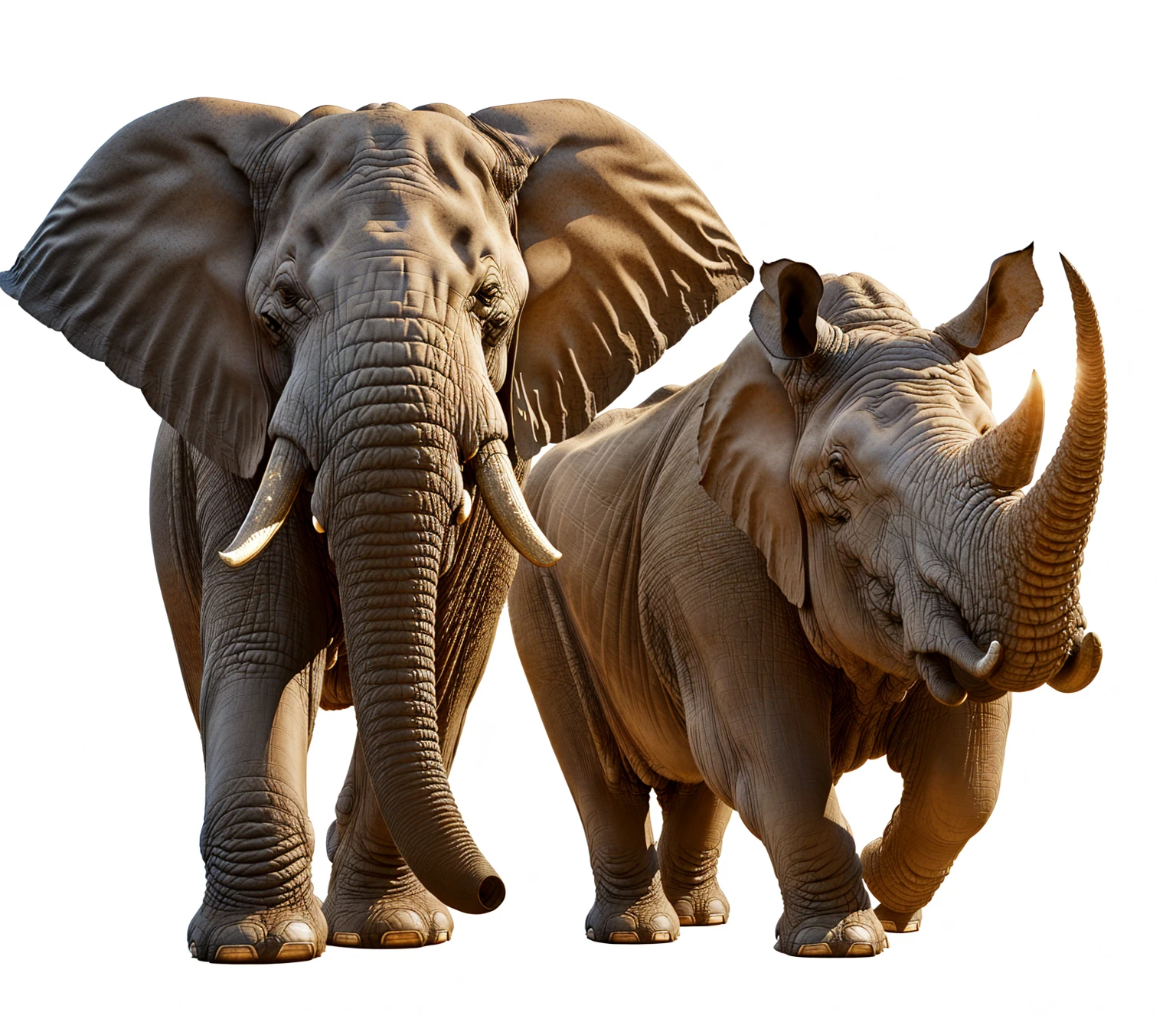 elephants are standing next to each other on a white background, rhino rendered, rhinoceros 3d, rino, african elephants in the jungle, tusks, elephants, rhino, extremely realistic, depicted as a 3 d render, very very realistic, highly rendered, by Harold von Schmidt, very very very realistic, incredibly realistic, by Tom Wänerstrand