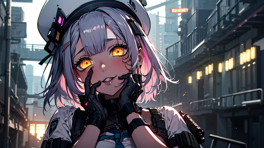 ((Best quality)), ((masterpiece)), (detailed:1.4), 3D, an image of a beautiful cyberpunk female, Yandere , Yandere Face , Trance , Trance Eyes , yameroyandere , constricted pupils , yandere , empty eyes . shaded face , crazy eyes , glowing yellow eyes , crazy smile , neonfx, neon_valorant, 1girl, solo, looking at viewer, yellow eyes,long silver pink  hair, shoulder length hair , white barret hat , gloves, navel, bare midriff,  multicolored hair, parted lips, black gloves, belt, pants, hand on hip, floating hair, bandaid, bandaid on face, electricity, animification, bandaid on nose, large breasts, HDR (High Dynamic Range),Ray Tracing,NVIDIA RTX,Super-Resolution,Unreal 5,Subsurface scattering,PBR Texturing,Post-processing,Anisotropic Filtering,Depth-of-field,Maximum clarity and sharpness,Multi-layered textures,Albedo and Specular maps,Surface shading,Accurate simulation of light-material interaction,Perfect proportions,Octane Render,Two-tone lighting,Wide aperture,Low ISO,White balance,Rule of thirds,8K RAW,