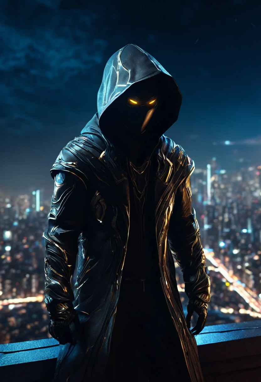 a man in a hooded futuristic outfit, standing on a ledge, observing a futuristic city at night, dark cityscape with bright lights, (best quality,4k,8k,highres,masterpiece:1.2),ultra-detailed,(realistic,photorealistic,photo-realistic:1.37),cinematic lighting,dramatic shadows,moody atmosphere,intricate details,glowing city lights,advanced technology,retrofuturistic architecture,dynamic pose,hood casting shadow on face,intense gaze