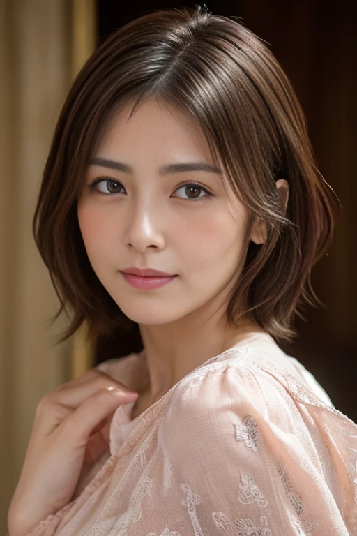 (Raw photo), (Photorealistic), (masterpiece), (highest quality), High resolution, 8K resolution, (Intricate details), (Volumetric Light), Portrait, woman, 30 years, short hair, Straight Hair, Layered Hair, Brown haired, Highly detailed eyes, Source Order, Very fine eyebrows, Highly detailed skin, Highly detailed mouth, Highly detailed nose, Cute like an idol,, ((Thick lips)), ((Look at the viewers)), (Elegant blouse), ((open mouth)),teeth, ((embarrassed,blush:1.5)),