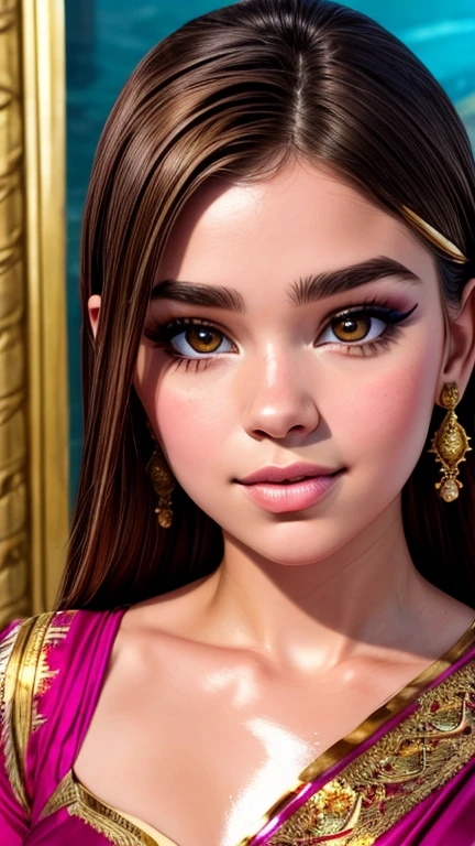 Hailee Steinfeld as a gorgeous Indian Empress wearing ((Kasavu Saree)); deep cleavage; ((ultra glossy lips)); ((Traditional Indian Makeup)); ultrarealistic white skin, ultrarealistic face; ultrarealistic body; ((ultrarealistic gold ornaments)); ((Ultrarealistic Perky Round tits)); ((Perky Round breasts)); high resolution; detailed skin; ultra detailed eyes; ultra detailed face; ultra detailed lips; 4k resolution; Ultrarealistic Light Hazel Brown Eyes; both eyes are similar, thick eyebrows, heavily oiled shiny skin, slim athletic body, Ultrarealistic deep navel, Ultrarealistic toned abs, sexy seductive pose, Seductive smile, standing; looking at viewer, facing camera; full body photograph, DSLR photo; HDR, super-resolution, maximum clarity and sharpness, rule of thirds, 8k raw, reflections, sharp focus