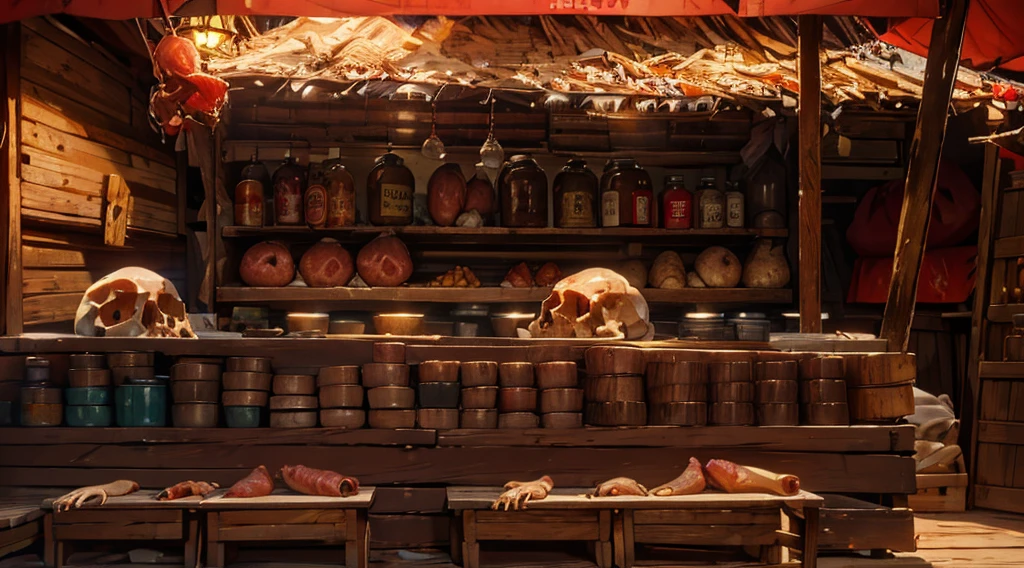 canibal market, market tents, they sell human skulls, human hand and feet, human flesh, meats, (super big jars filled with eyeballs and bloody human internal organs), on a wooden table, only one lamp, early morning, wooden roof,