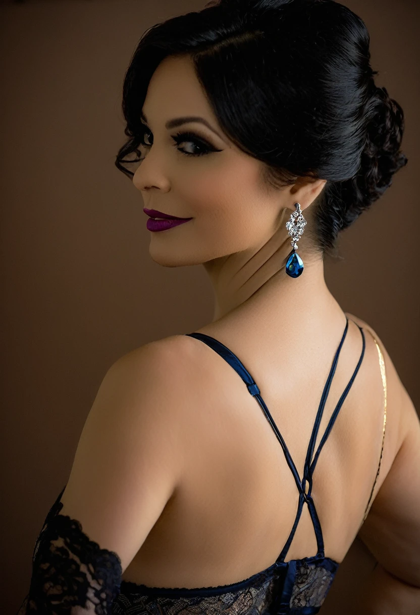 a closeup of a woman in lingerie posing for a photo, una foto de Eve Ryder, Flickr, arabesque, 4 k glamor photography, mirada sexy encantada, la super caliente y sexy, photo from a promotional session, lenceria brillante azul brillante, vanessa ives, photo from behind, glamor photography, rosa fuerte y negro, roxie vizcarra