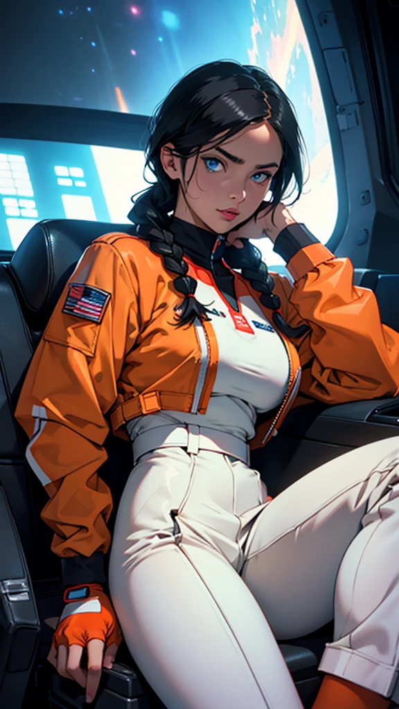 Surrealism，A female，gundam pilot，lipstick，Black Hair，Surrounding fluorescent screen，Wearing orange space suit，side braid，Mature，Sexy，Blue eyes，sitting in driver&#39;s seat，Look to the right，Drink coffee