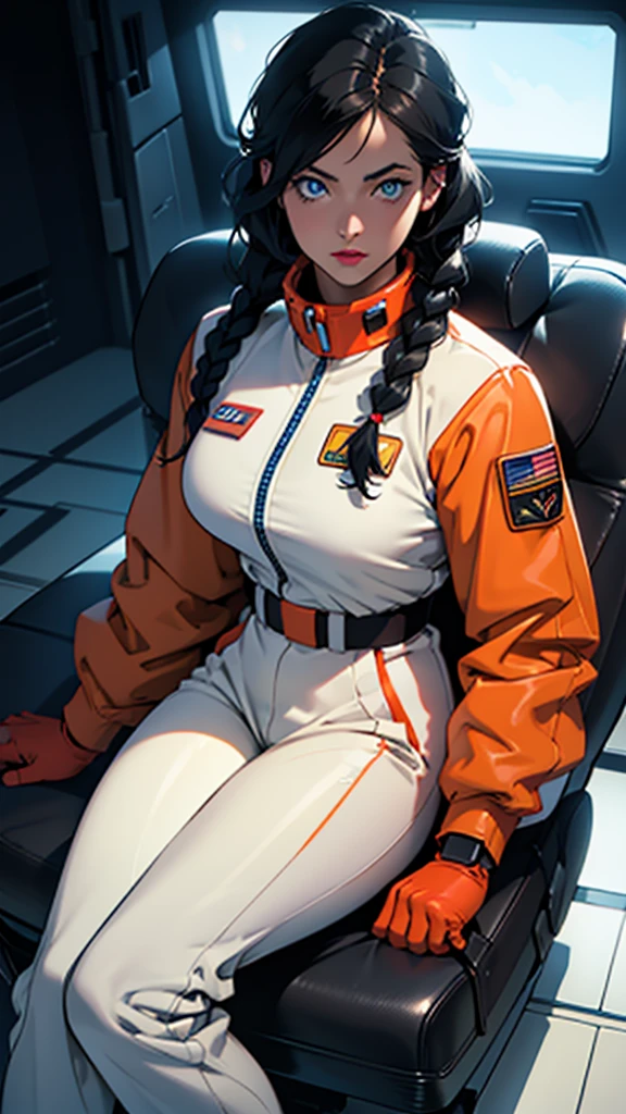 Surrealism，A female，gundam pilot，lipstick，Black Hair，Surrounding fluorescent screen，Wearing orange space suit，side braid，Mature，Sexy，Blue eyes，sitting in driver&#39;s seat，Look to the right，Drink coffee