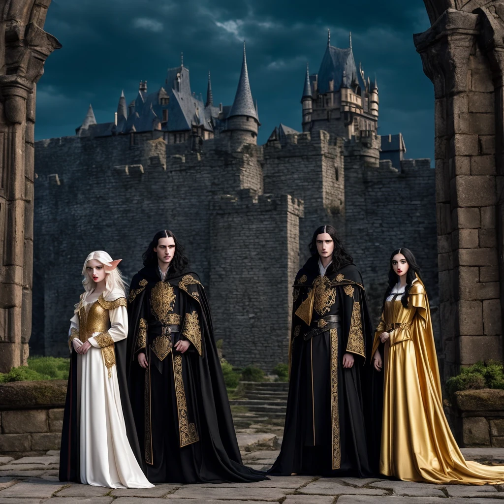 A black-haired girl with white skin, big red lips, a black cloak with golden embroidery, and an elf man with long golden hair, a black robe up to his knees, who is leaning against the castle wall and looking at the girl from behind, and the air is dark.