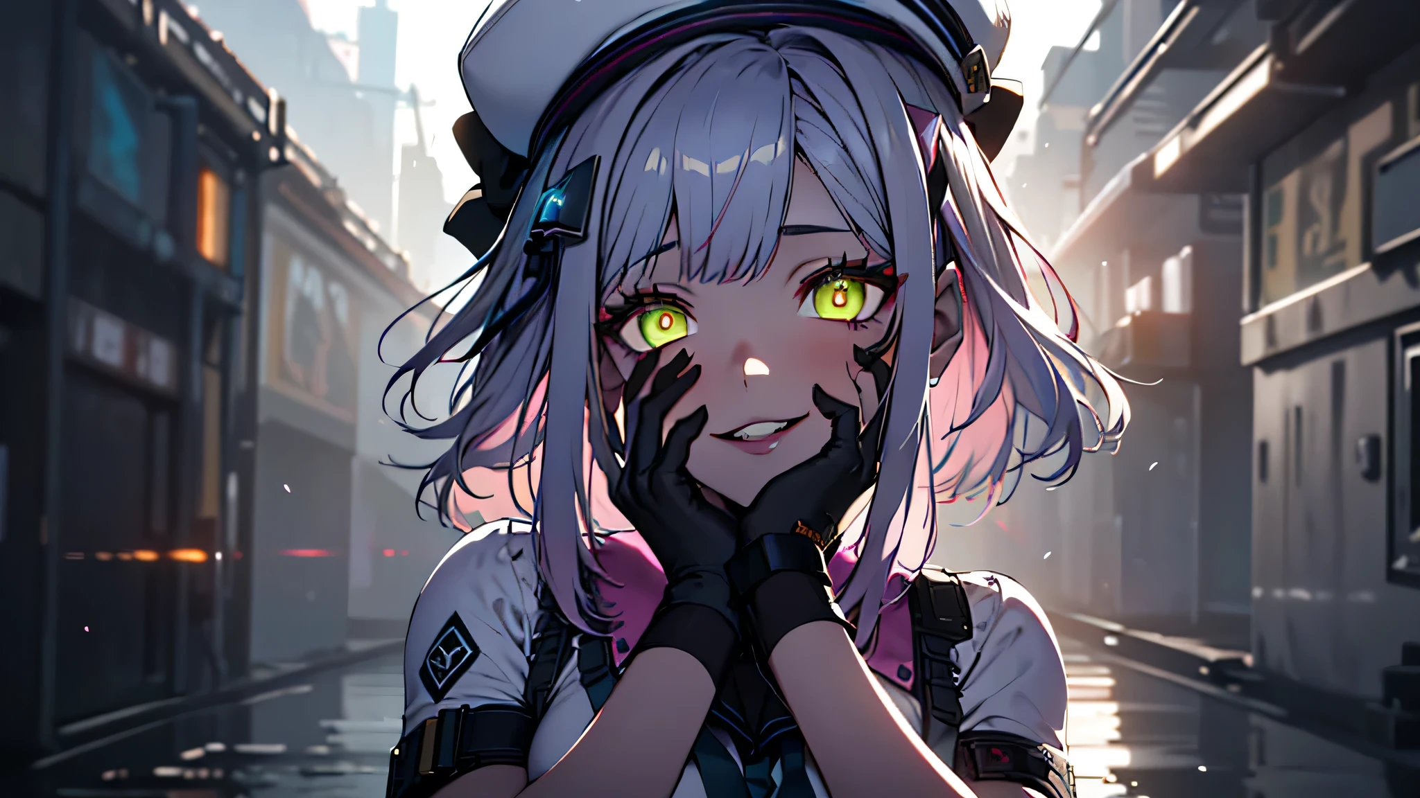 ((Best quality)), ((masterpiece)), (detailed:1.4), 3D, an image of a beautiful cyberpunk female, Yandere , Yandere Face , Trance , Trance Eyes , yameroyandere , constricted pupils , yandere , empty eyes . shaded face , crazy eyes , glowing yellow eyes , crazy smile , neonfx, neon_valorant, 1girl, solo, looking at viewer, yellow eyes,long silver pink hair, shoulder length hair , white barret hat , gloves, navel, bare midriff, multicolored hair, parted lips, black gloves, belt, pants, hand on hip, floating hair, bandaid, bandaid on face, electricity, animification, bandaid on nose, large breasts, HDR (High Dynamic Range),Ray Tracing,NVIDIA RTX,Super-Resolution,Unreal 5,Subsurface scattering,PBR Texturing,Post-processing,Anisotropic Filtering,Depth-of-field,Maximum clarity and sharpness,Multi-layered textures,Albedo and Specular maps,Surface shading,Accurate simulation of light-material interaction,Perfect proportions,Octane Render,Two-tone lighting,Wide aperture,Low ISO,White balance,Rule of thirds,8K RAW,