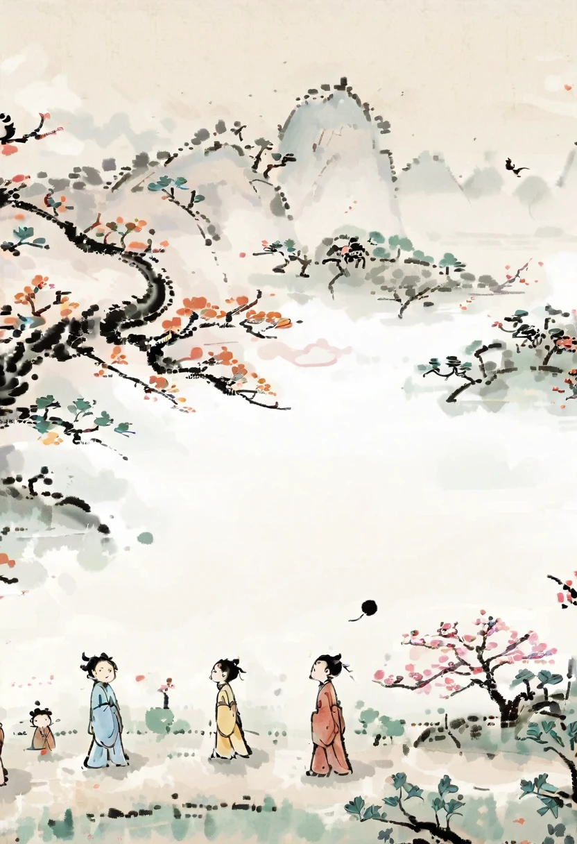 Bada Shanren style,Chinese Ink Painting,Simple style,is capitalized,Very simple pictures,People from far away,