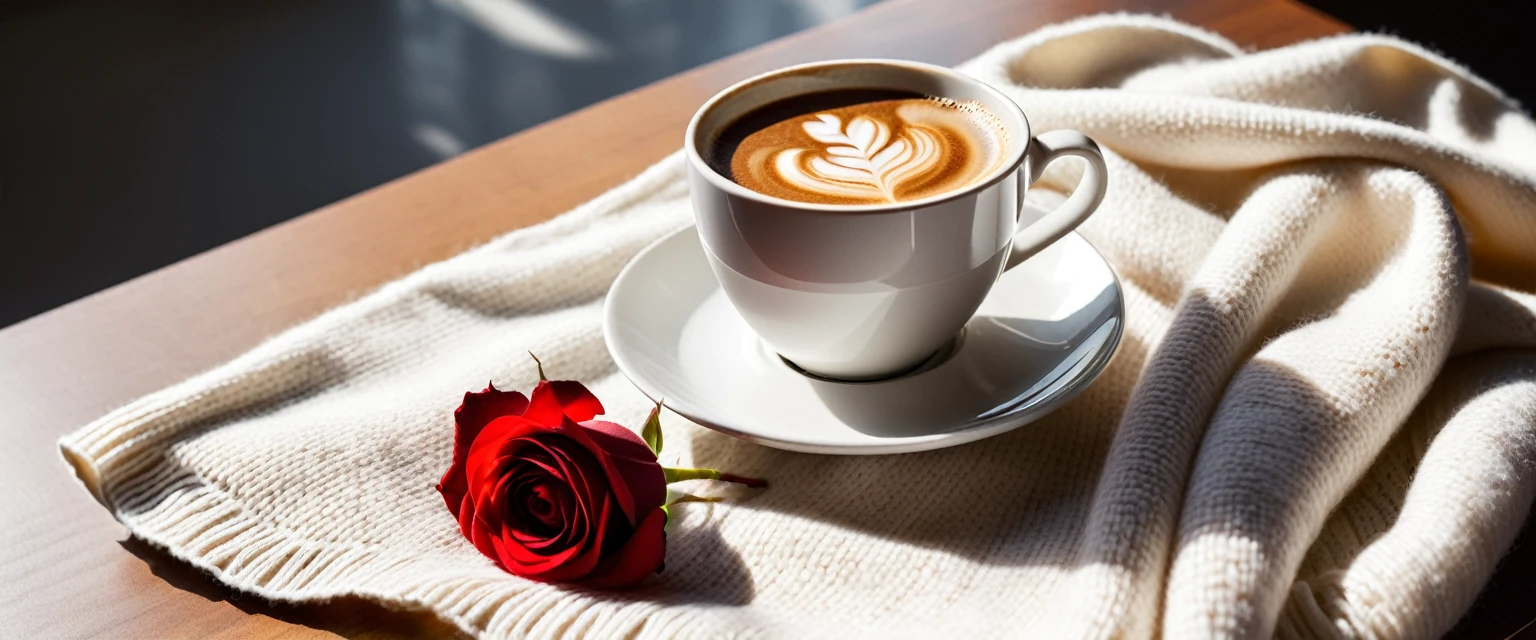 Best Still Life Composition,There is slight smoke in the white ceramic cup.Artist coffee impression.White woolen scarf,clear texture,Place randomly,Sophisticated and elegant.A fresh red rose laid flat from above(Lying flat on the table).latté.modern style.Super detailed.Natural light and shadow.No humans.Ultra wide angle, Fresh and bright light and shadow.Excellent composition