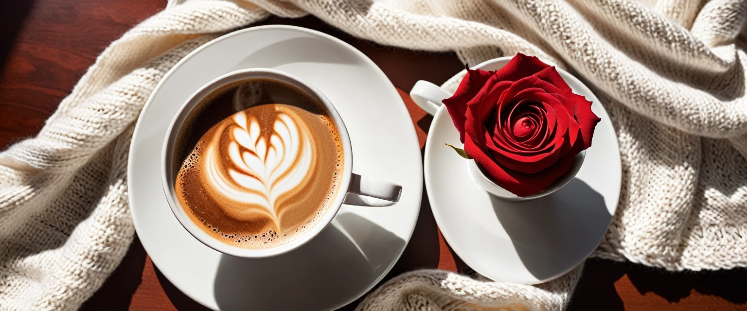 Best Still Life Composition,There is slight smoke in the white ceramic cup.Artist coffee impression.White woolen scarf,clear texture,Place randomly,Sophisticated and elegant.A fresh red rose laid flat from above(Lying flat on the table).latté.modern style.Super detailed.Natural light and shadow.No humans.Ultra wide angle, Fresh and bright light and shadow.Excellent composition