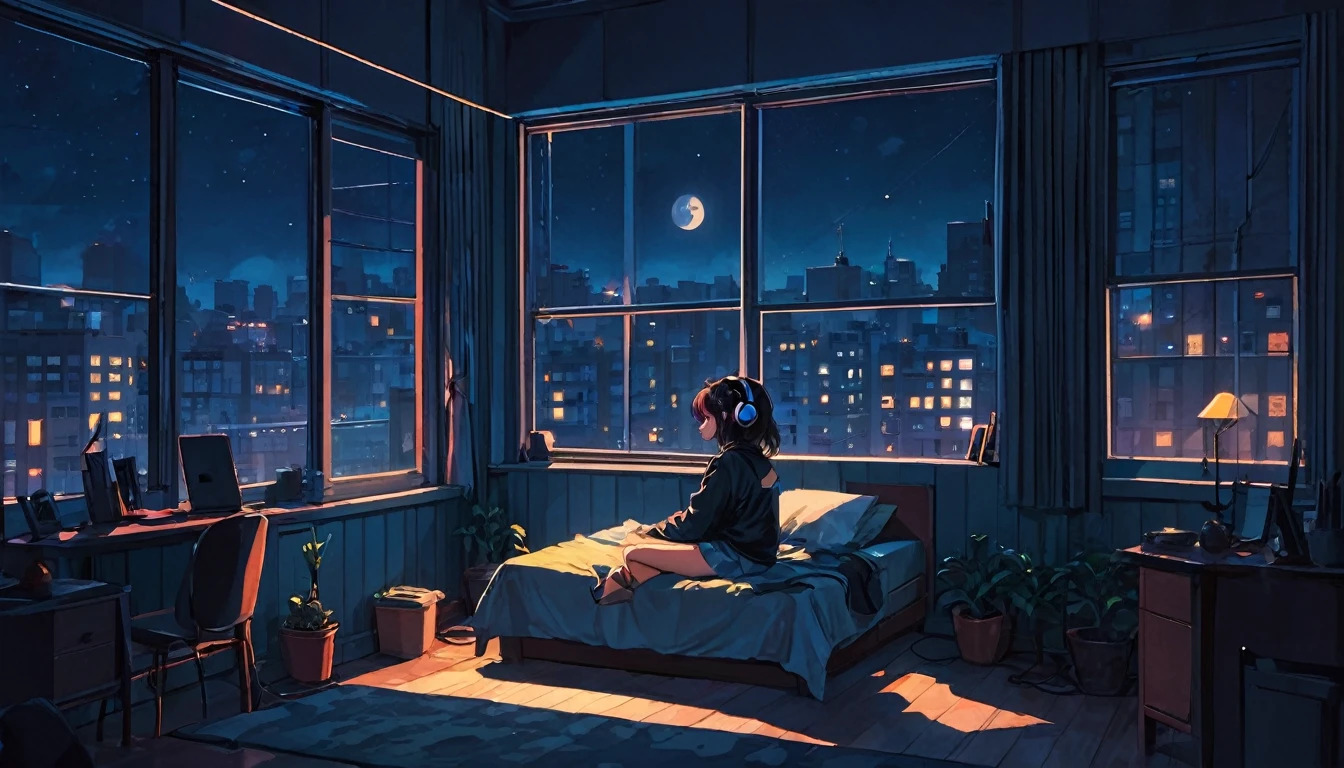 1 girl, 90s cartoon style, night, Studio Room, moon, Girl wearing headphones, late night room, Listening to music alone, City Pop, low quality, Lo-Fi, Chill, late night, Rooms for single people, Dark Room, outside the window is a night view of the near future,sexy