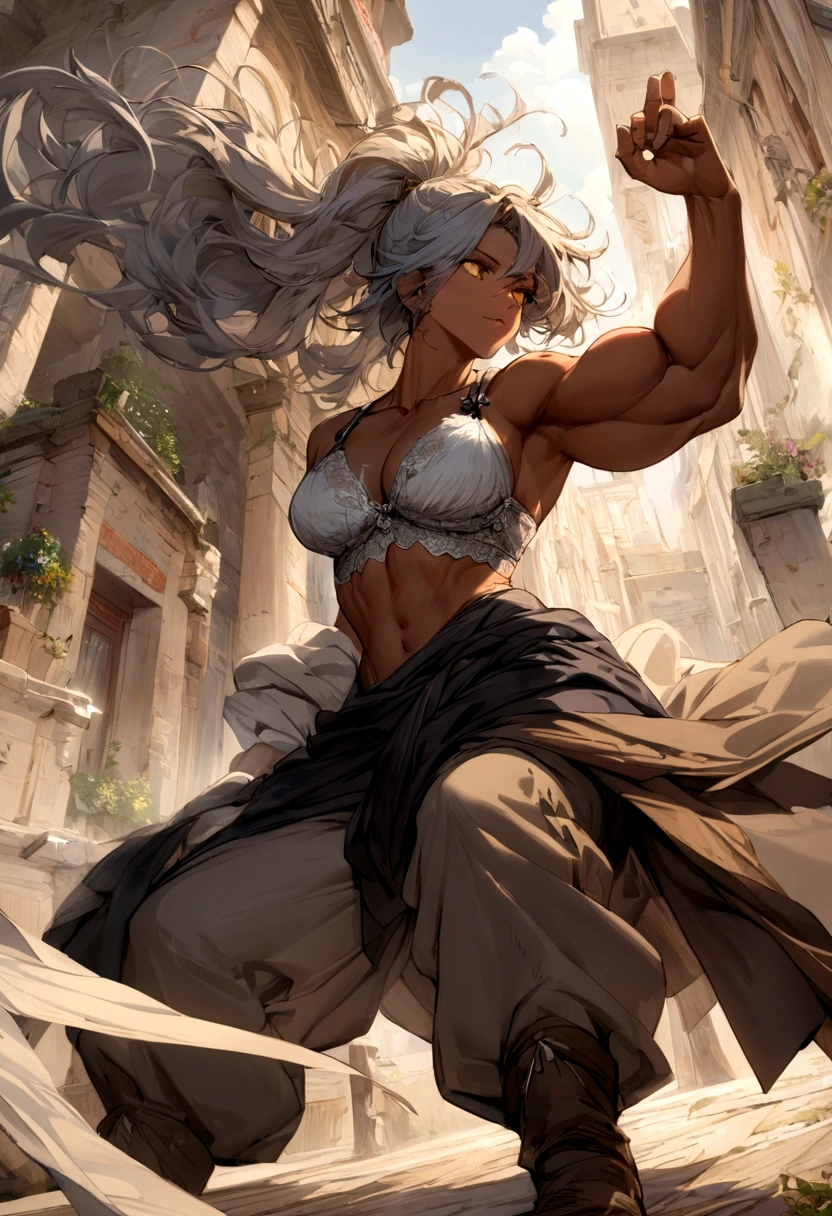 , (masterpiece:1.2), best quality,midjourney,
1woman, Dark skinned, Muscular, and, Yellow eyes. Long white messy hair. Big messy ponytail. Black waist cloth and baggy pants. Bandage bra.