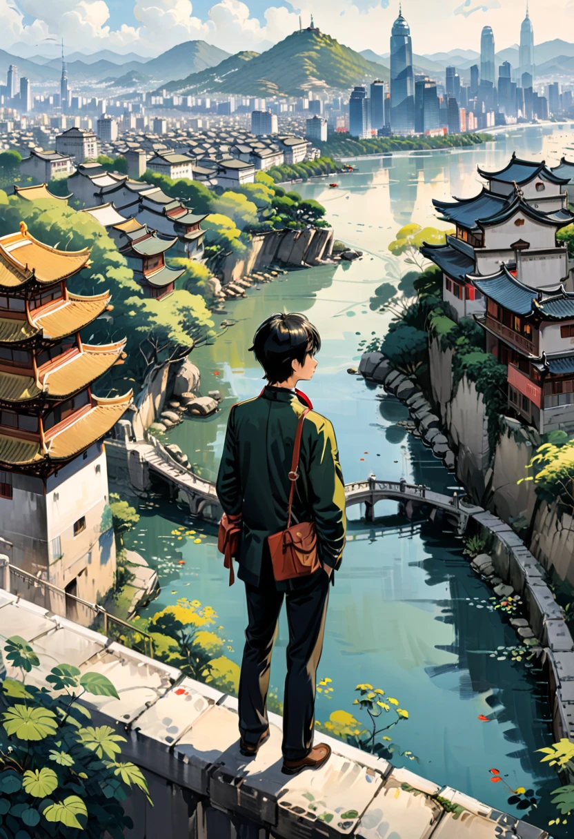 Back View, outdoor, cityview, (masterpiece, best quality, Professional, perfect composition, very aesthetic, absurdres, ultra-detailed, intricate details:1.3), by Wu Guanzhong
