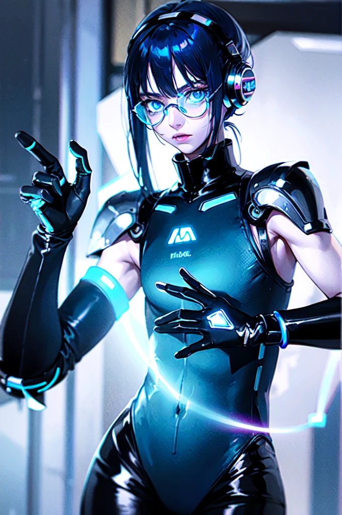 a guy, dark blue hair, crystal blue eyes, tall and quiet fit, bright blue futuristic looking veins on the forearms and hands, futuristic glasses holographic panel infront of the eyes looking like a headset, wearing sleeveless jacket, baggy pants, long boots, neon patterns, futuristic glasses, sci-fi, hightech, glowing blue veins, light skin, a cube hovering over palm, upper body only