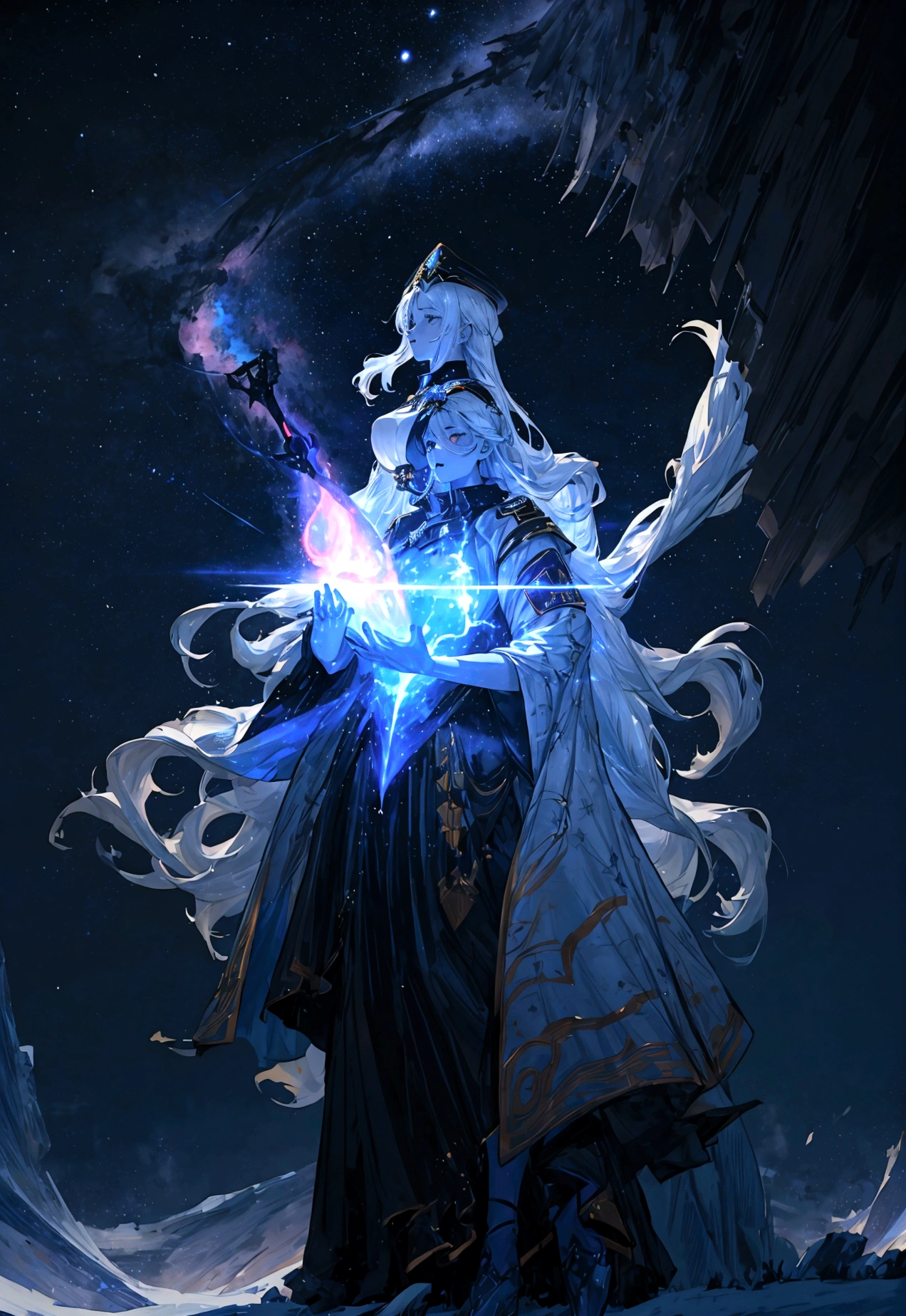Picture a scene steeped in the depths of space warfare, where a female commander emerges as the embodiment of resilience and command. Her presence is striking, with white hair that cascades like a cosmic waterfall, tinged with a subtle shade of blue, reminiscent of the distant nebulas. She stands boldly in the midst of an interstellar conflict, her uniform pristine and decorated with the emblems of her esteemed position. The commander’s hat she wears is not just a piece of attire but a symbol of her earned authority. Clutched in her grasp is a mystical sword, its blade alight with an ethereal flame that whispers of ancient power and forgotten lore. As she raises the sword, it seems to resonate with the energy of the cosmos itself. Behind her, the theater of war is set against the breathtaking backdrop of a binary star system, its twin suns weaving a dance of light and gravity that illuminates the void. Their connection forges a radiant arc across the sky, a bridge between worlds and a beacon in the tumultuous dark. This image seeks to capture the commander’s indomitable spirit, the fierce beauty of her unique appearance, and the grandeur of the universe that serves as the stage for this epic saga