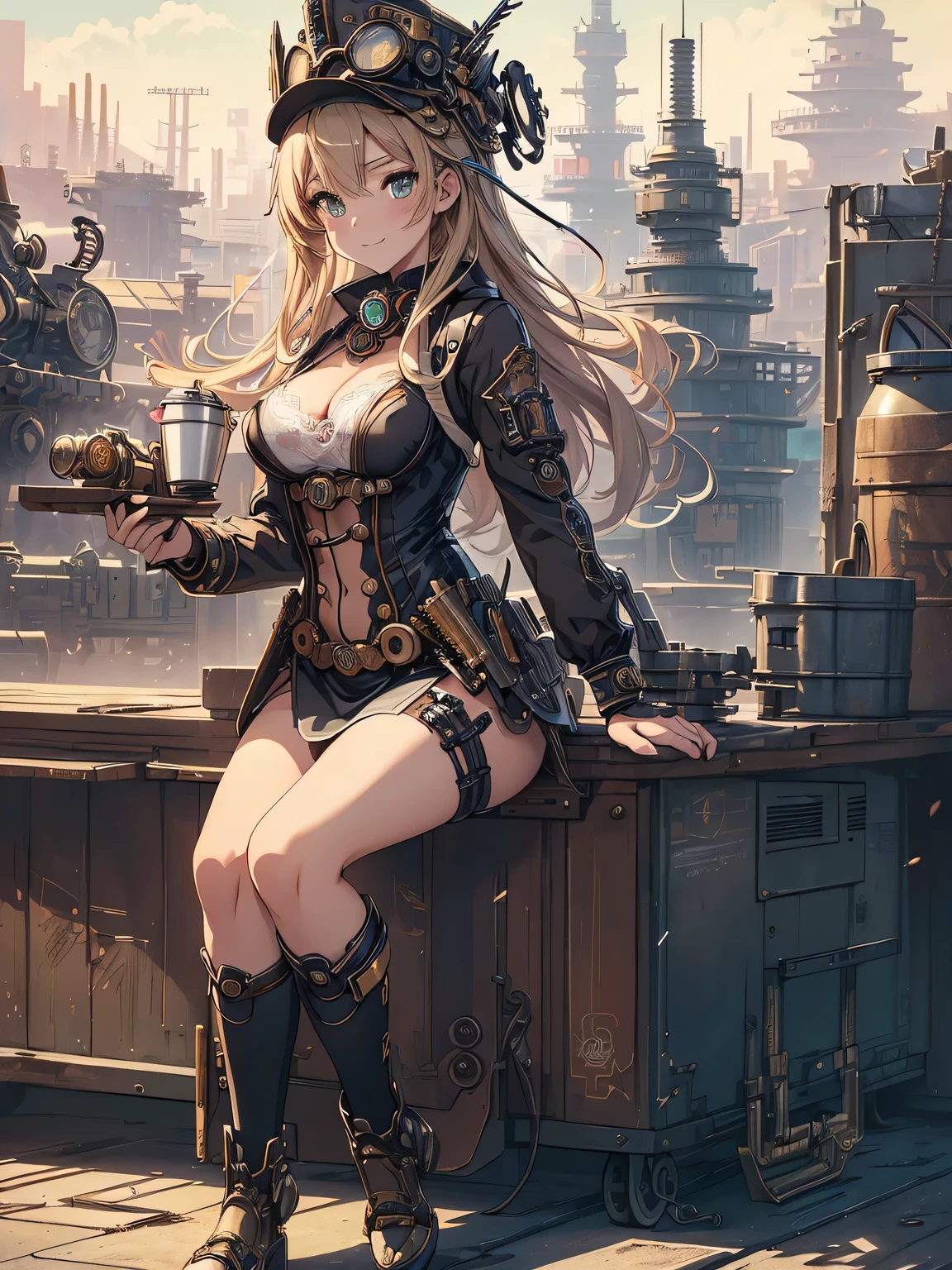 (Line art_anime),(full body, highest quality, ),(Laura Budd Photos:1.2),(Laura Add details:1.0),8k, Flat Color:0.8,1 girl,smile,(Highly decorative and complex mechanical steampunk fashion, Lace flare dolphin hat、goggles、(Sitting on a toolbox drinking coffee)、machinery background、Gear background、An elaborately mechanized steampunk cityscape 1.5)