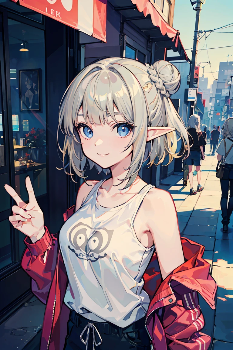 (1 Elf girl), (beautifulエルフの女の子), (super high quality), masterpiece, Casual Scene, Selfie, Grinning, Relaxed atmosphere, she wears fashionable clothes, Stylish jacket and pants,Street atmosphere, urban environment. Perfect body, (E Cup:1.2), Logo T-shirt、 Fresh, (Asymmetrical bangs:1.3), Braided bun hair, short hair, Highly detailed face and eyes, (Grey-haired blonde, Deep blue eyes:1.2),cyber punk, sf, (Exposing shoulders), Digital Art, beautiful, Cinema Lighting, by Yusuke Murata.tonality, Romanticism, modern art, Impressionism, reflected light, 8k, masterpiece, Advanced Details, highest quality, Just five fingers