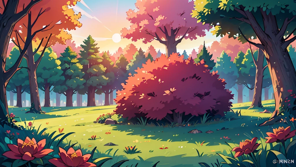 4k ultra HD, twilight sun setting landscape, very detailed, perfect lighting, a beautiful forest purple, orange, pink trees, red flowers growing in clusters of 3 in the lush green grass, a giant tree you can only see the massive trunk of in the distance