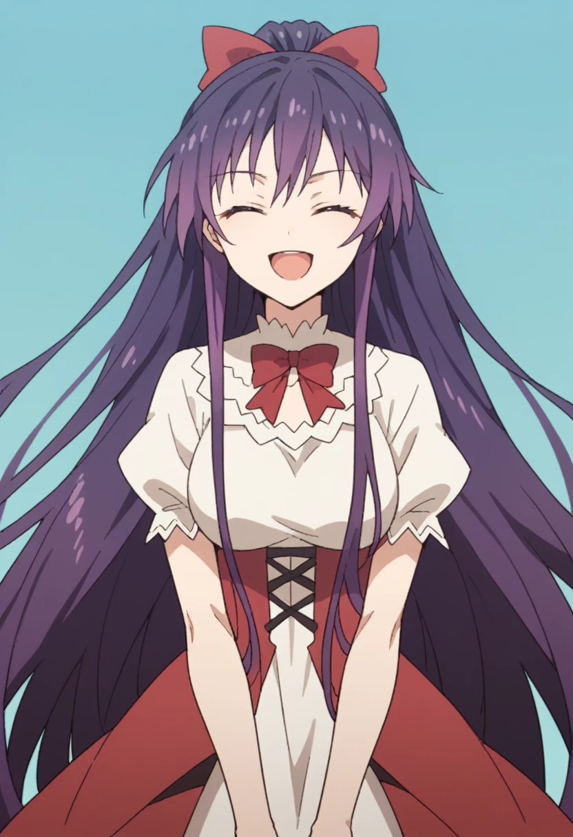 Score_9, Score_8_up, Score_7_up, anime_font, Tohka Yatogami, 1 girl, alone, long hair, purple hair, purple eyes, very long hair, ponytail, red bow, headband, perfect body, alone, big breast, smile, open mouth , dress, bun, eyes closed,