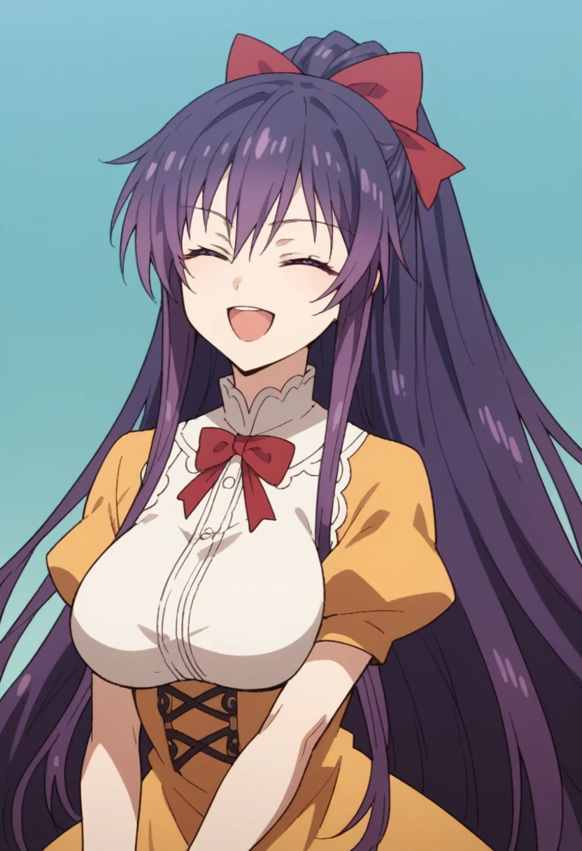 Score_9, Score_8_up, Score_7_up, anime_font, Tohka Yatogami, 1 girl, alone, long hair, purple hair, purple eyes, very long hair, ponytail, red bow, headband, perfect body, alone, big breast, smile, open mouth , dress, bun, eyes closed,