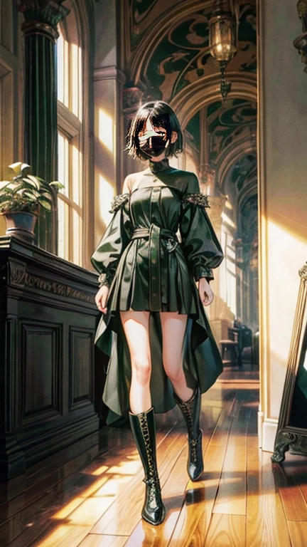 masterpiece, super fine illustration, extremely detailed, 1girl, flat background, full body, standing, extremely detailed face and eyes, 、The girl、Face mask, waist-length short hair、flaxen hair、green colored eyes、Wearing a long black cloth、wearing black boots、