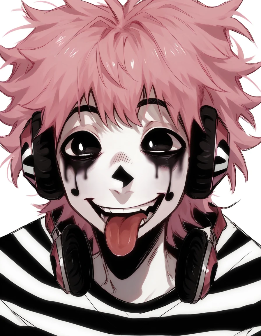 boy, shirt grunge, sketchy lines, messy hair, pink hair, headphones, black pupils, score_8_up, score_9_up,happy, sticking out tongue, has mime makeup on, wearing a mime outfit