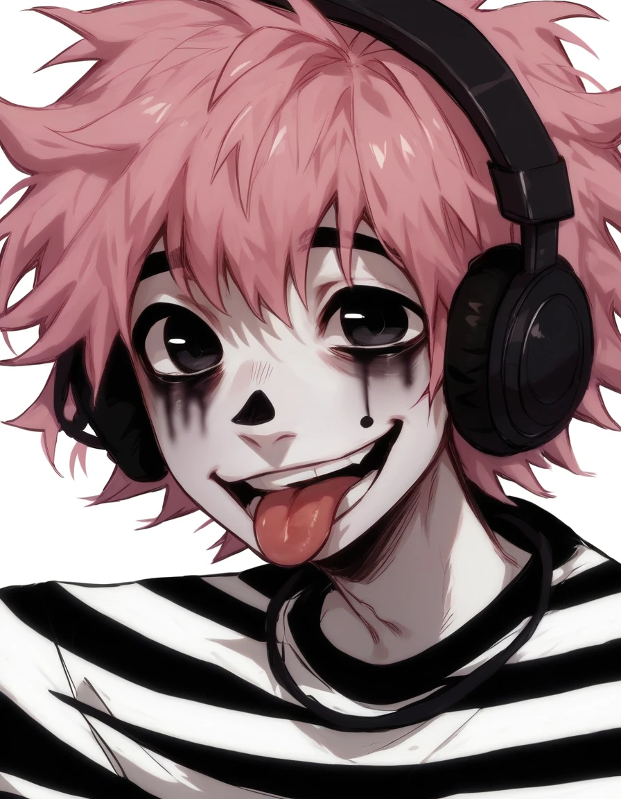 boy, shirt grunge, sketchy lines, messy hair, pink hair, headphones, black pupils, score_8_up, score_9_up,happy, sticking out tongue, has mime makeup on, wearing a mime outfit