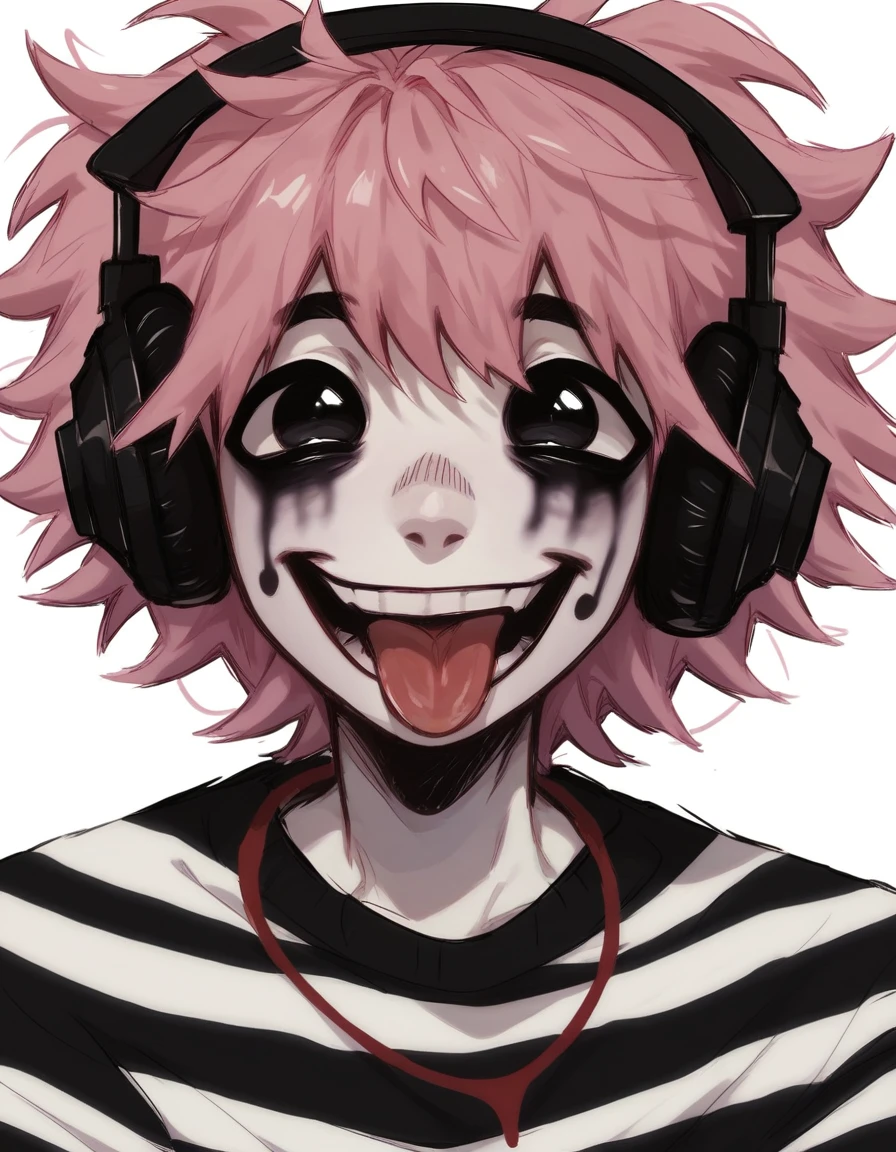 boy, shirt grunge, sketchy lines, messy hair, pink hair, headphones, black pupils, score_8_up, score_9_up,happy, sticking out tongue, has mime makeup on, wearing a mime outfit