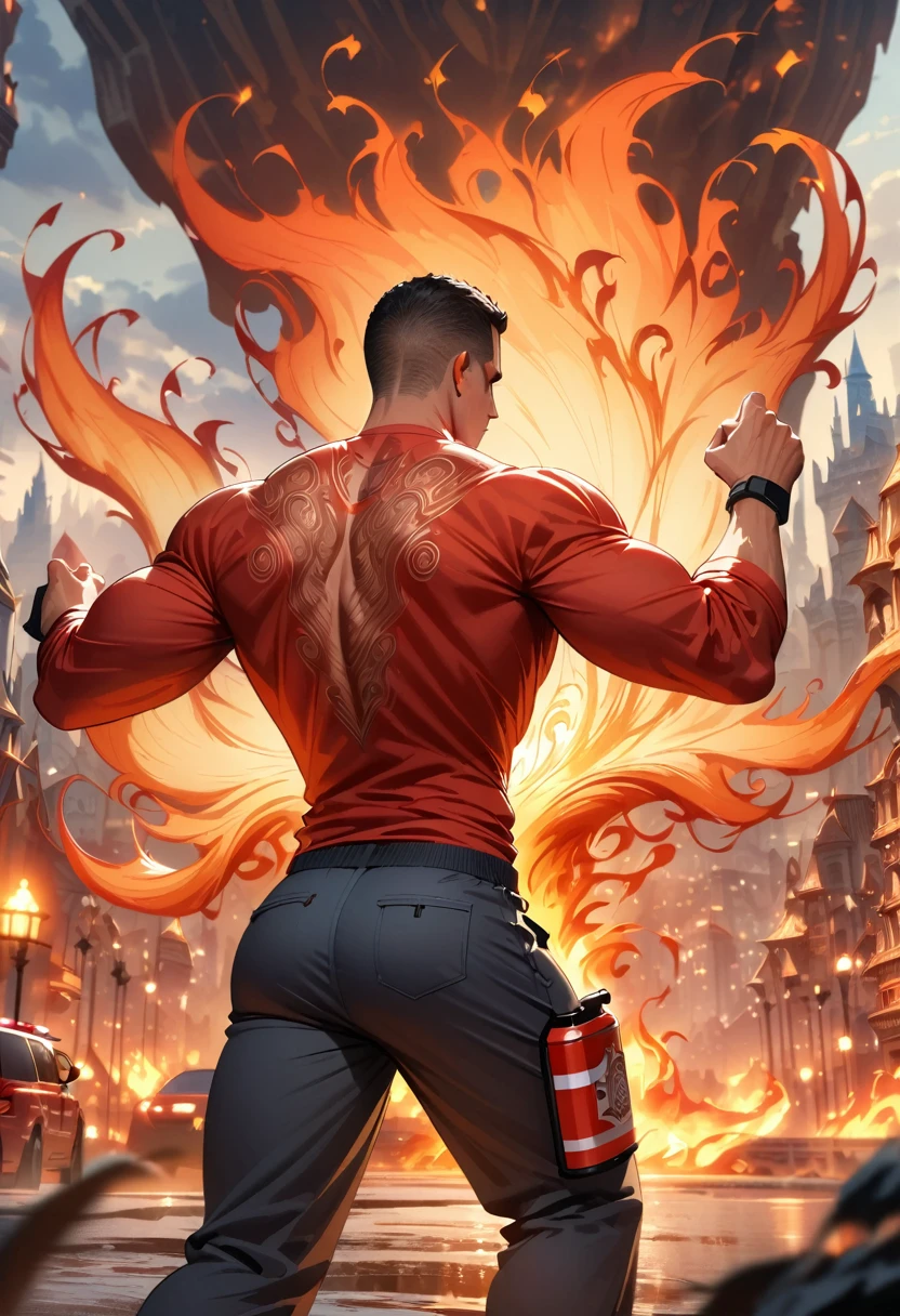 (Firefighter back:1.5),  From the back，wearing a tattered shirt, combustion,flame， Luminescence, Dynamic poses, Fighting Stance, (fantasy city background), Pants,, Practical, masterpiece, Intricate details, Detailed background, Depth of Field, Fitness back,