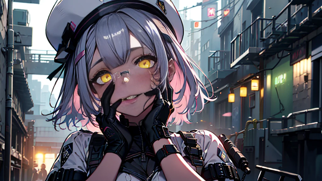 ((Best quality)), ((masterpiece)), (detailed:1.4), 3D, an image of a beautiful cyberpunk female, Yandere , Yandere Face , Trance , Trance Eyes , yameroyandere , constricted pupils , yandere , empty eyes . shaded face , crazy eyes , glowing yellow eyes , crazy smile , neonfx, neon_valorant, 1girl, solo, looking at viewer, yellow eyes,long silver pink  hair, shoulder length hair , white barret hat , gloves, navel, bare midriff,  multicolored hair, parted lips, black gloves, belt, pants, hand on hip, floating hair, bandaid, bandaid on face, electricity, animification, bandaid on nose, large breasts, HDR (High Dynamic Range),Ray Tracing,NVIDIA RTX,Super-Resolution,Unreal 5,Subsurface scattering,PBR Texturing,Post-processing,Anisotropic Filtering,Depth-of-field,Maximum clarity and sharpness,Multi-layered textures,Albedo and Specular maps,Surface shading,Accurate simulation of light-material interaction,Perfect proportions,Octane Render,Two-tone lighting,Wide aperture,Low ISO,White balance,Rule of thirds,8K RAW,