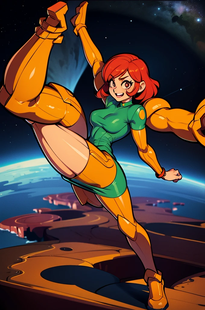 woman full body, lum invader, short red hair, space dress, Tokyo city, 3d, Wlop art