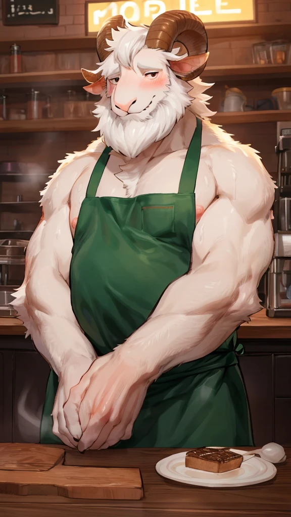 (Best quality: 1.0), (Super High Resolution: 1.0), (masterpiece, best quality:1.2), detailed, detailed hands, detailed eyes, score_9, score_8_up, score_7_up, furry, anthro, ((ram)), ((solo)), grandpa, (about 70 years old), (manly), curved horns, handsome face, huge, bangs, white beard, beard above mouth, fluffly fur, nipples, looking pleasured, sexually, sexy pose, SFW, coffee shop, (apron), flaccid, in heat, panting, sweat, sweaty, musk, (skinny, shy), hands touching, (looking at viewer, shy), blushes:0.3, close up view, (by bebebebebe, by syuro)