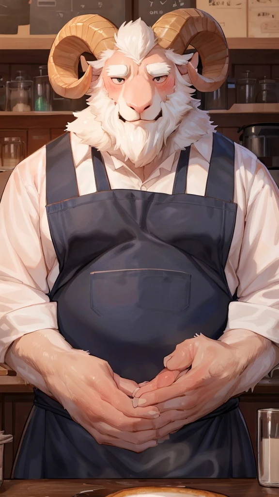 (Best quality: 1.0), (Super High Resolution: 1.0), (masterpiece, best quality:1.2), detailed, detailed hands, detailed eyes, score_9, score_8_up, score_7_up, furry, anthro, ((ram)), ((solo)), grandpa, (about 70 years old), (manly), curved horns, handsome face, huge, bangs, white beard, beard above mouth, fluffly fur, nipples, looking pleasured, sexually, sexy pose, SFW, coffee shop, (apron), flaccid, in heat, panting, sweat, sweaty, musk, (skinny, shy), hands touching, (looking at viewer, shy), blushes:0.3, close up view, (by bebebebebe, by syuro)