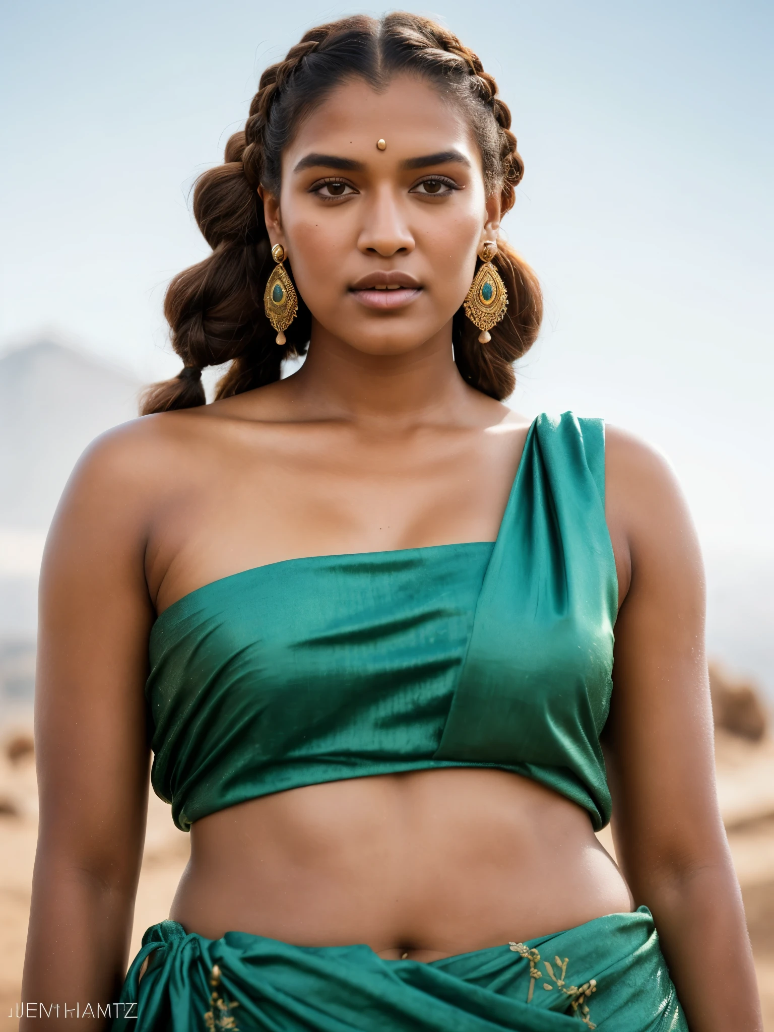 Foto RAW, close up portrait of a 40 year-old gorgeous confident blasian dark-skinned medieval fantasy queen, extremely gorgeous, looks like Kriti Sanon,  oily skin, shining skin, skin pores, almond-shaped eyes, plump lips, gorgeous hazel-colored eyes, long hair, dutch braids, elaborate hairdo, serious look, steadfast expression, slim, body oil, moisturizing oil, tanning oil, oiled body, glowing skin, skin pores, rich regal traditional fantasy north african regal clothes, filigree jewels, in a fantasy north african palace, (backlighting), ancient mysterious Kingdom background, realistic, masterpiece, highest quality, lens flare, shade, bloom, [[chromatic aberration]], by Jeremy Lipking, by Antonio J. Manzanedo, digital painting, (pele altamente detalhada: 1.2), 8k UHD, DSLR, alta qualidade, grain of film, Fujifilm XT3